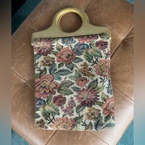 Vintage Knitting Bag with faux wood handles - Tapestry floral fabric